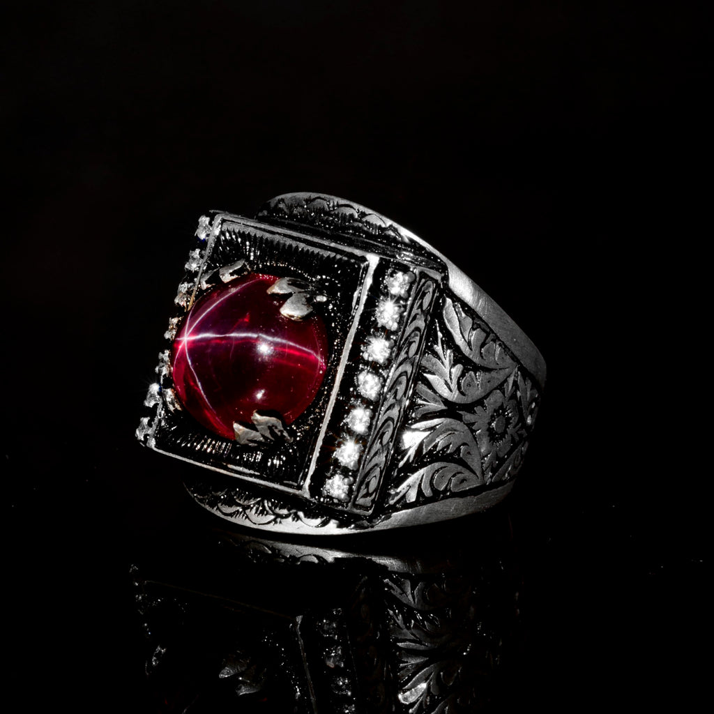 Kambo Real Natural Star Ruby Stone Men's Ring - Calligraphy Craftsmanship, 925 Sterling Silver — 5