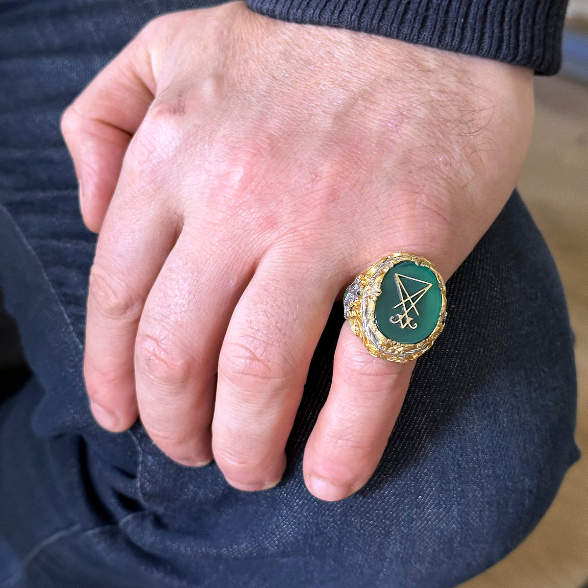 KAMBO Jade Stone Ring Men’s 925 Sterling Silver Signet Ring Handmade Gold Plated King Style Vintage Statement Jewelry Bi