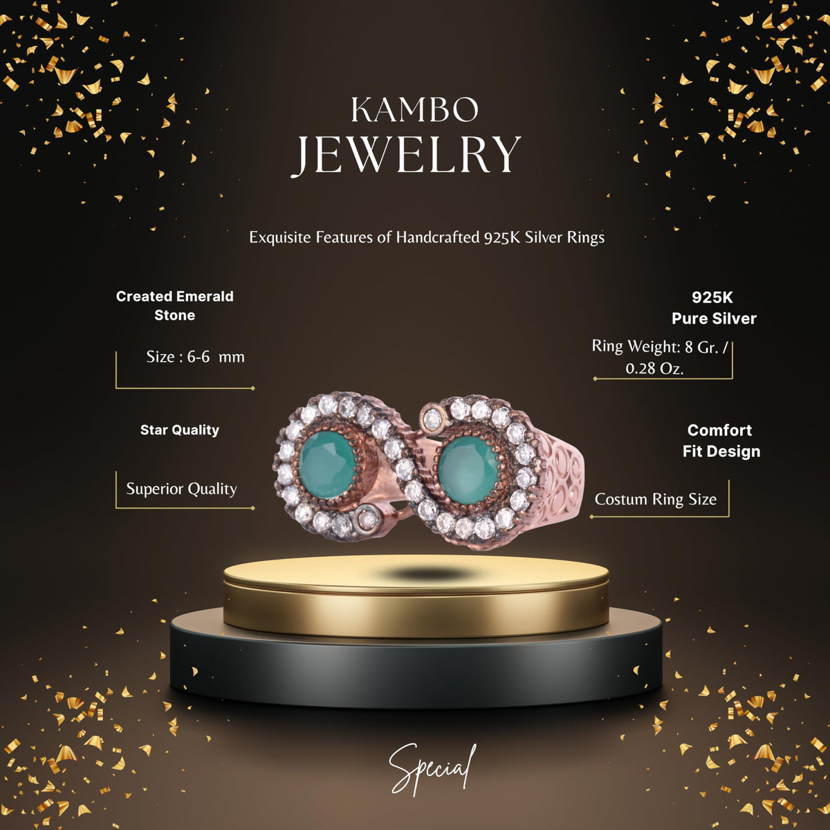 KAMBO 925 Sterling Silver Women's Double Stone Ring – Zircon Halo Rose Gold Plated Green Stone — 2