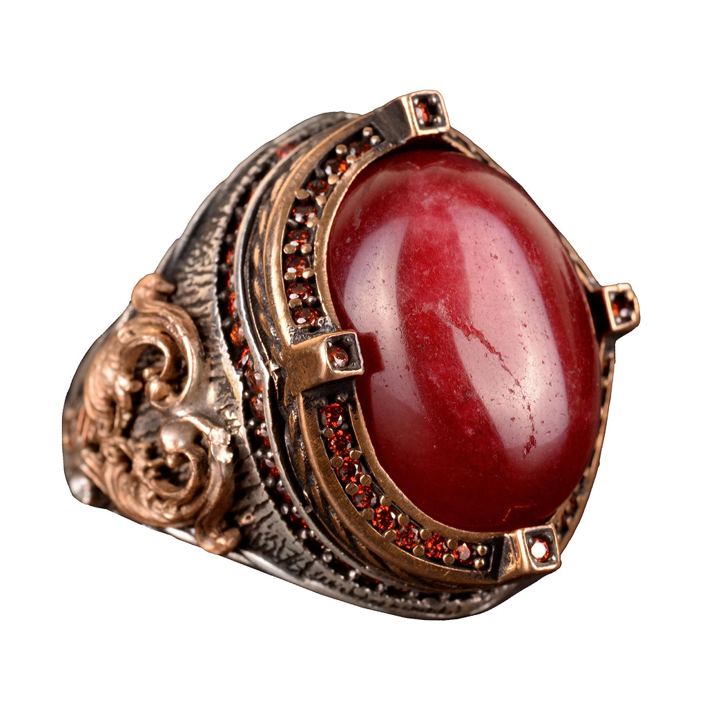 Silver Ring for Men, Natural Cabochon Ruby Stone Ring