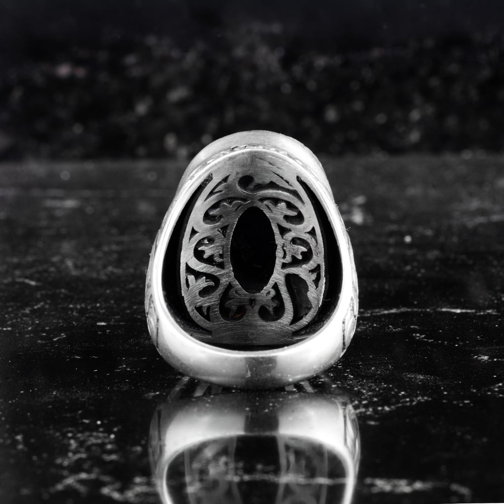 KAMBO Natural Pearl Stone Large Men's Ring - Oval White Stone Vintage Engraved Statement Ring - 925 Sterling Silver Handmade Men's Jewelry — 4
