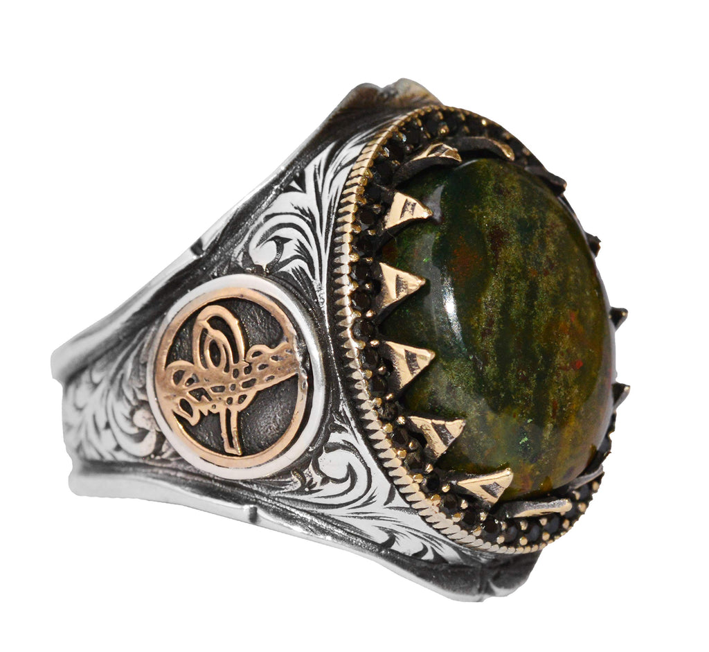 Natural Bloodstone Men's Ring - 925 Sterling Silver Ottoman Tugra Design — 7
