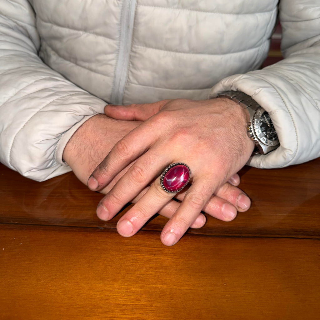KAMBO Natural Star Ruby Stone Ring for Men 925 Sterling Silver Ottoman Tugra Handmade Statement Ring Asterism Ruby — 3