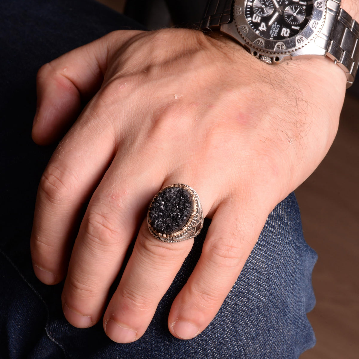 Vintage Men's 925 Sterling Silver Ring - Druzy Quartz (Black) — 3