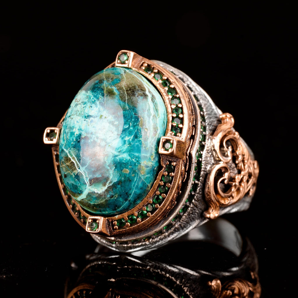 Natural Chrysocolla Stone Ring, 925 Sterling Silver Men's Ring (Model-4) — 5