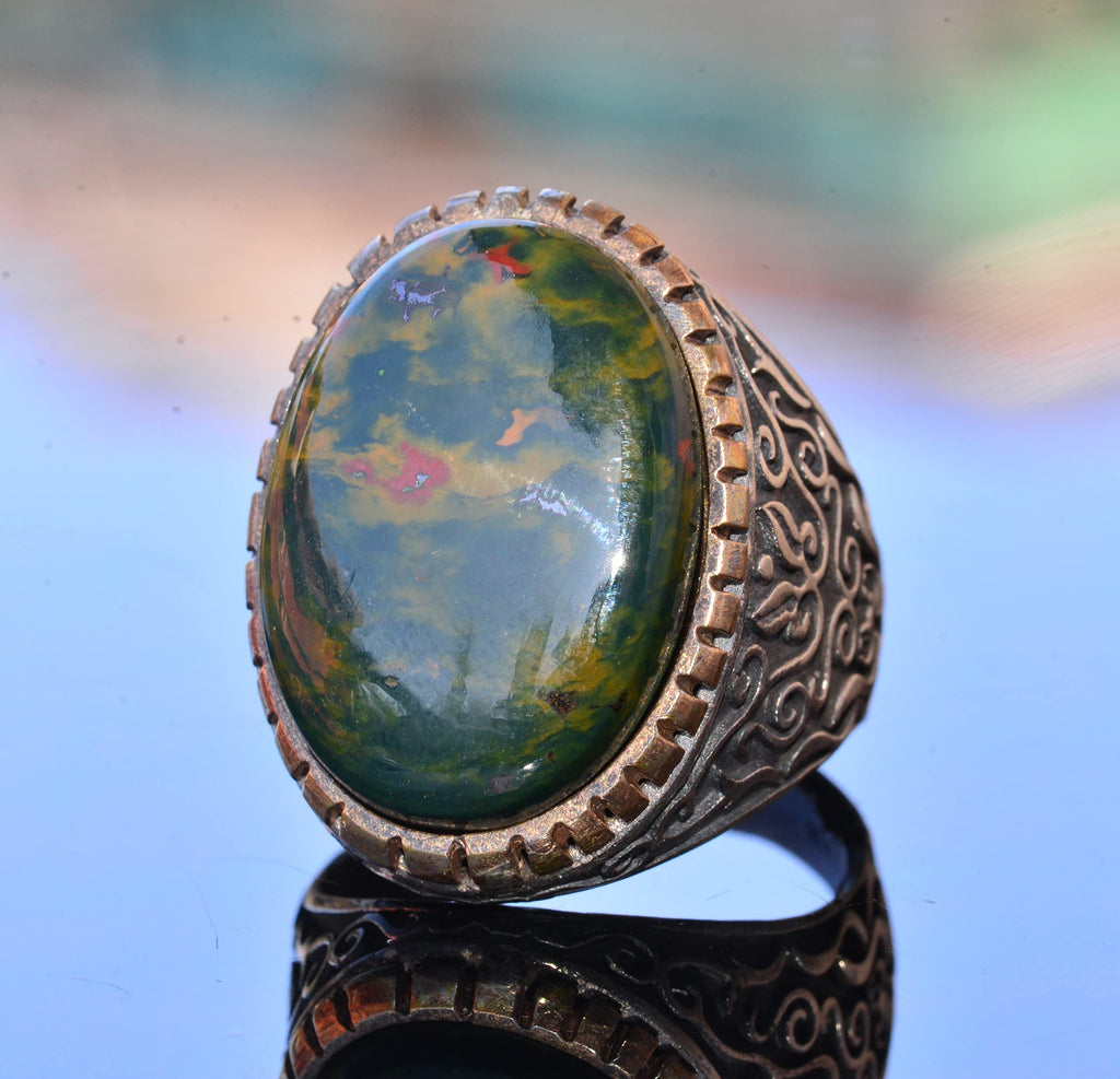 Handcrafted Natural Bloodstone Silver Large Men's Ring - Symbol of Courage and Strength — 3