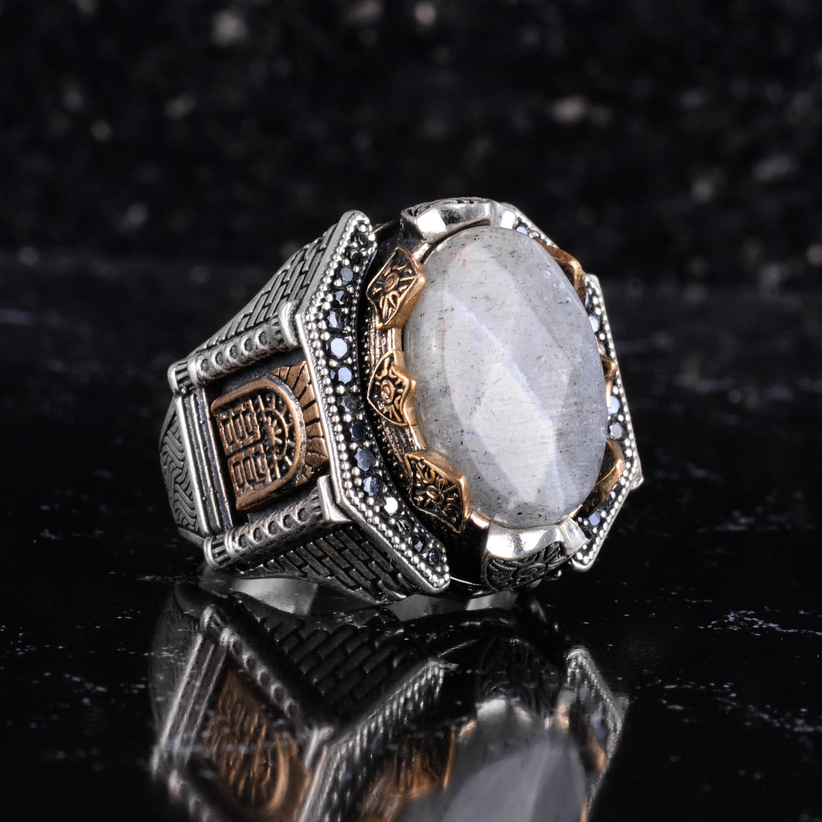 Natural Labradorite Men's Ring 925 Sterling Silver Geometric Frame Black Stone Details Bronze Accents Handmade Statement Ring — 6