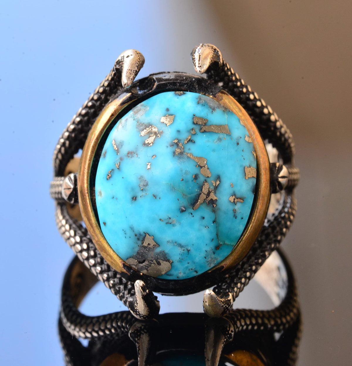 KAMBO Handmade Natural Arizona Turquoise Men's Sterling Silver Eagle Claw Ring 925 Vintage Statement Jewelry Gift for Hi