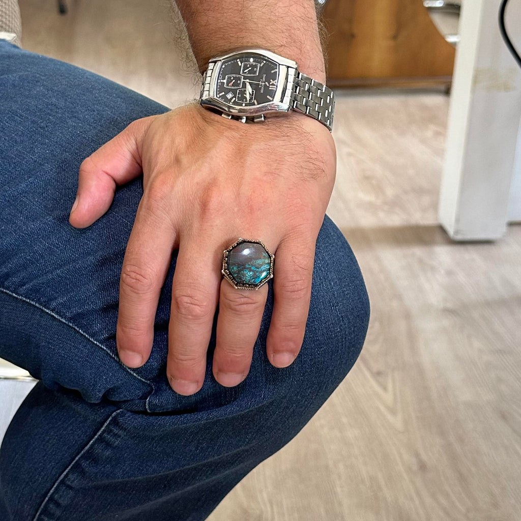 Natural Gemstone Ring - Unique Octagonal Design - Handcrafted 925 Sterling Silver Jewelry (Azurite) — 3