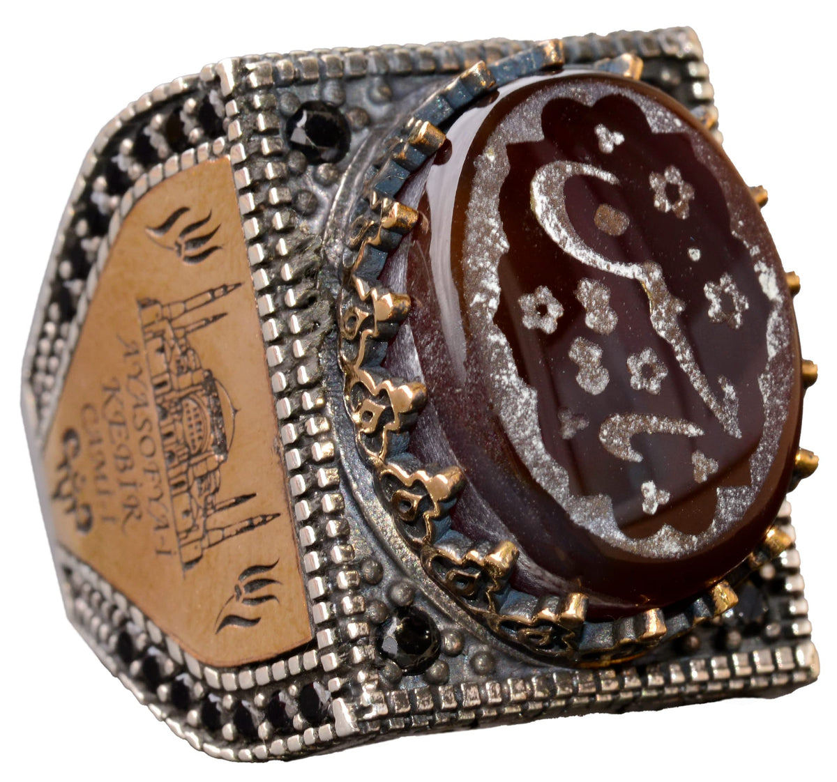 KAMBO Natural Agate Gemstone Ring for Men, Handmade 925 Sterling Silver, Art Deco Islamic Arabic Design, Vintage Stateme