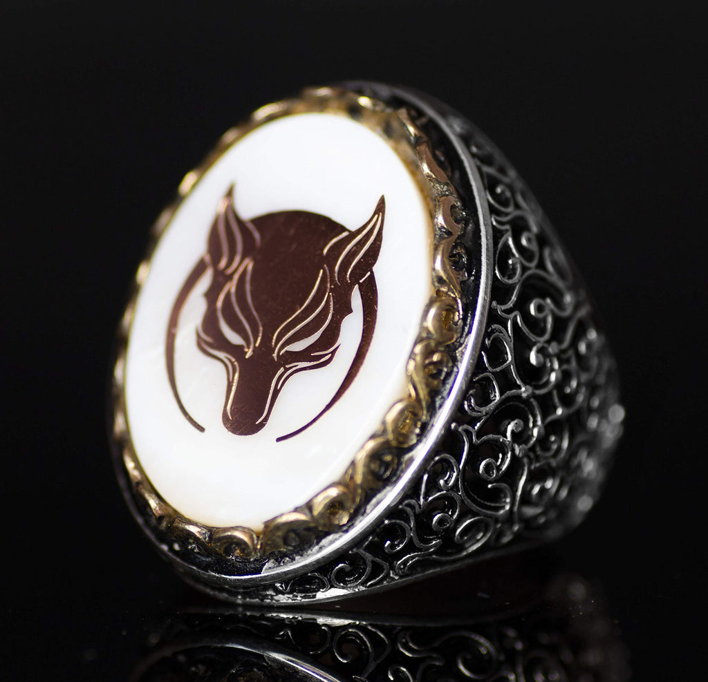 Wolf and Crescent Men's 925 Sterling Silver Ring - Wolf Symbol, Natural Mother of Pearl Stone — 3