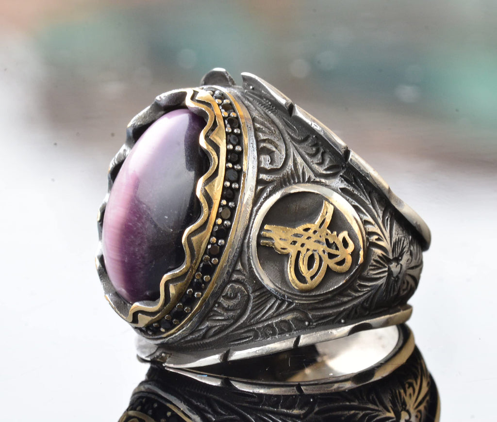 Natural Cat's Eye Amethyst Stone Ottoman Men's Ring - 925 Sterling Silver — 4