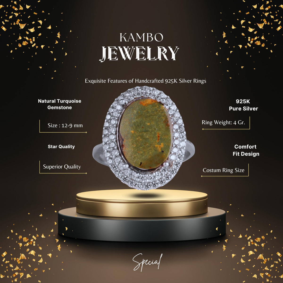 KAMBO Natural Turquoise Stone Elegant Women's Ring – 925 Sterling Silver Handmade Jewelry (Style-9) — 2