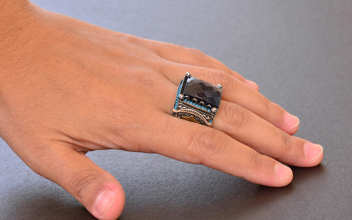 Blue Sapphire Rectangular Stone Ring, 15.45 Carat, Islamic Ring, 925 Sterling Silver Men's Ring — 6