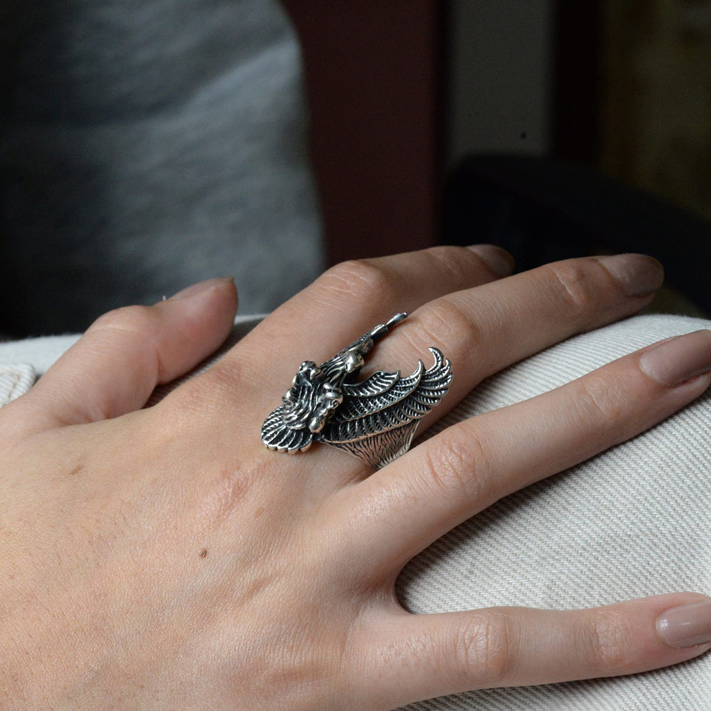 Large and Heavy Ring, Phoenix Ring, Skull Ring, Biker Ring, 925 Sterling Silver Men's Ring — 7