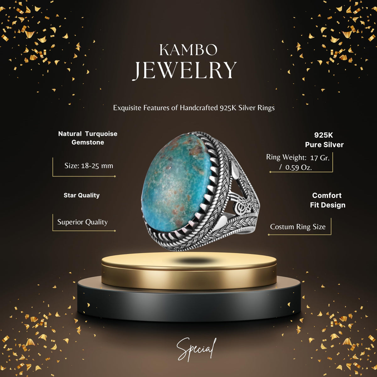 KAMBO Men's Natural Stone Ring – 925 Sterling Silver Large Statement Ring – Handmade Ottoman Pattern Jewelry (Turquoise) — 2