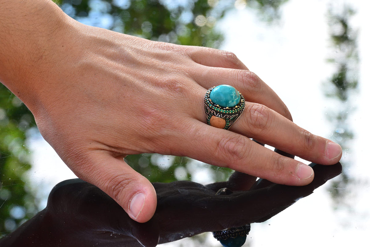 Natural Arizona Turquoise Stone Ring - Minimalist Men's Ring - 925 Sterling Silver — 6
