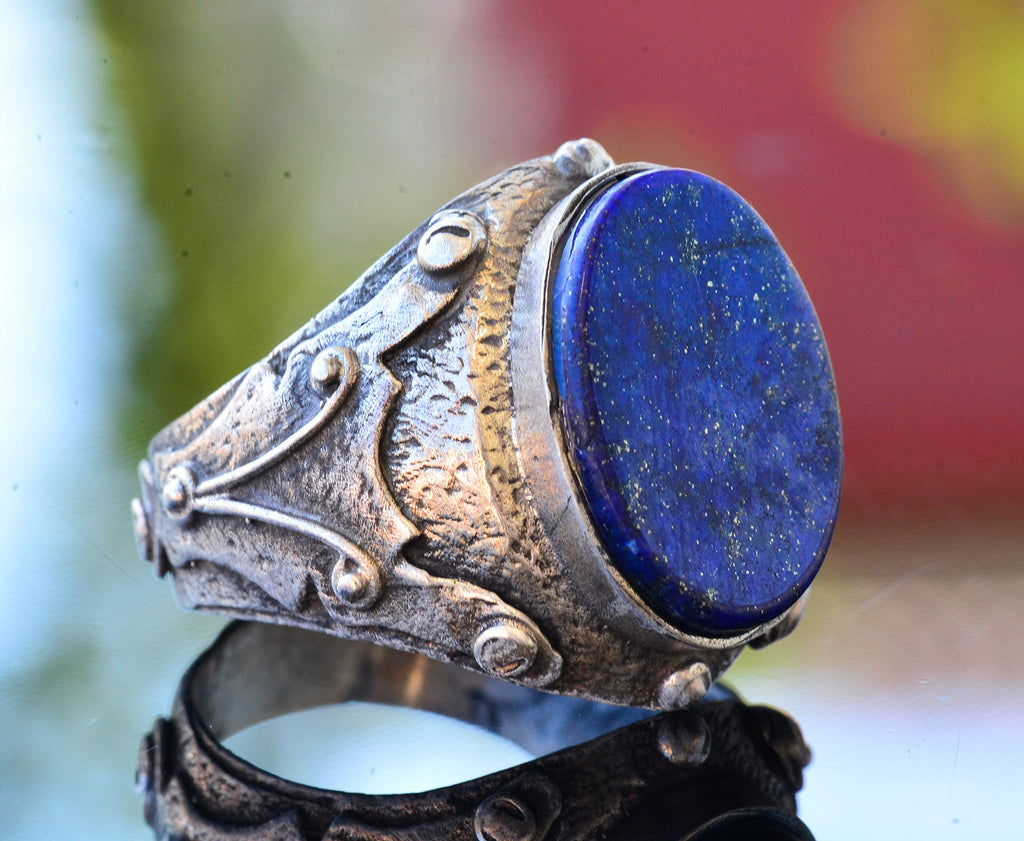 Men's Natural Lapis Lazuli Ring, 925 Sterling Silver, Handcrafted Medieval Design — 4