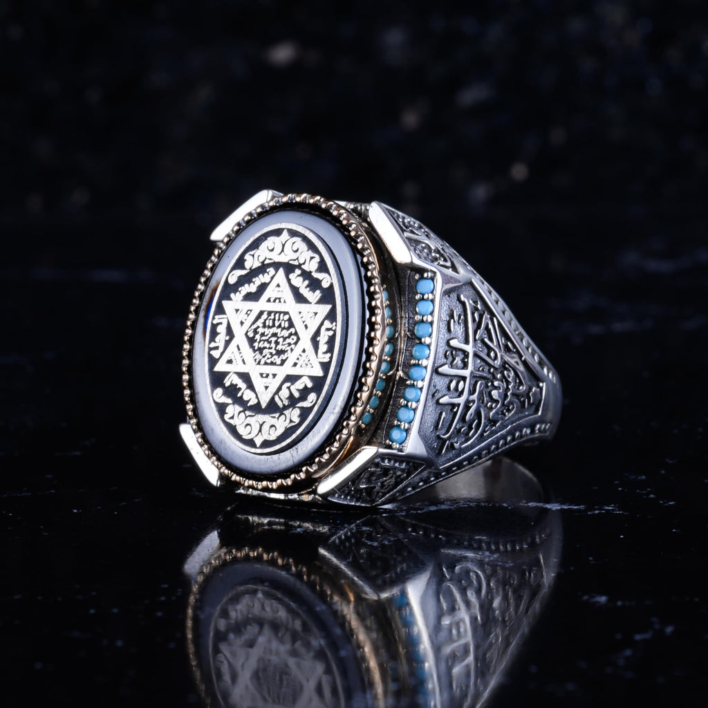KAMBO Star of David Engraved Men's Ring 925 Sterling Silver – Oval Statement Ring with Turquoise Details – Vintage Handmade Silver Ring — 5