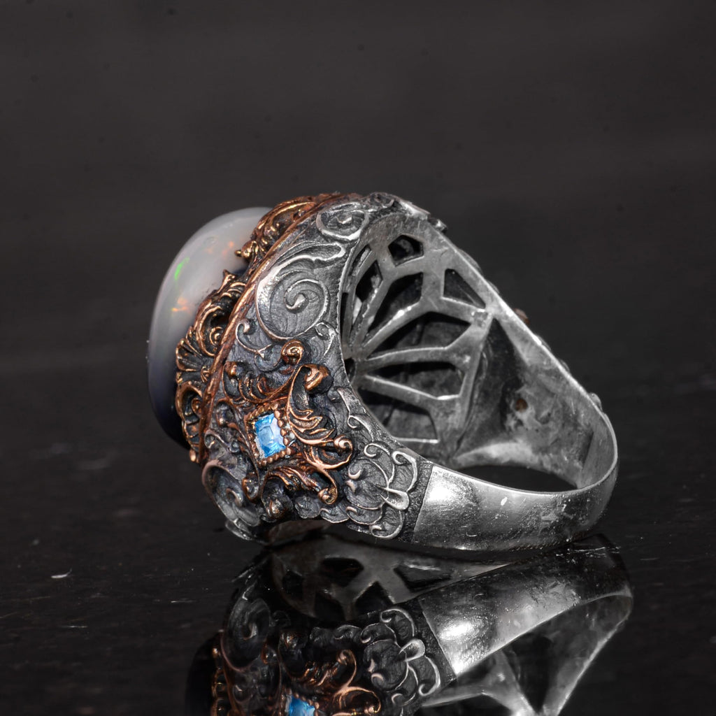 925 Sterling Silver Men's Ring - Genuine Oval Opal Stone - Patterned — 7