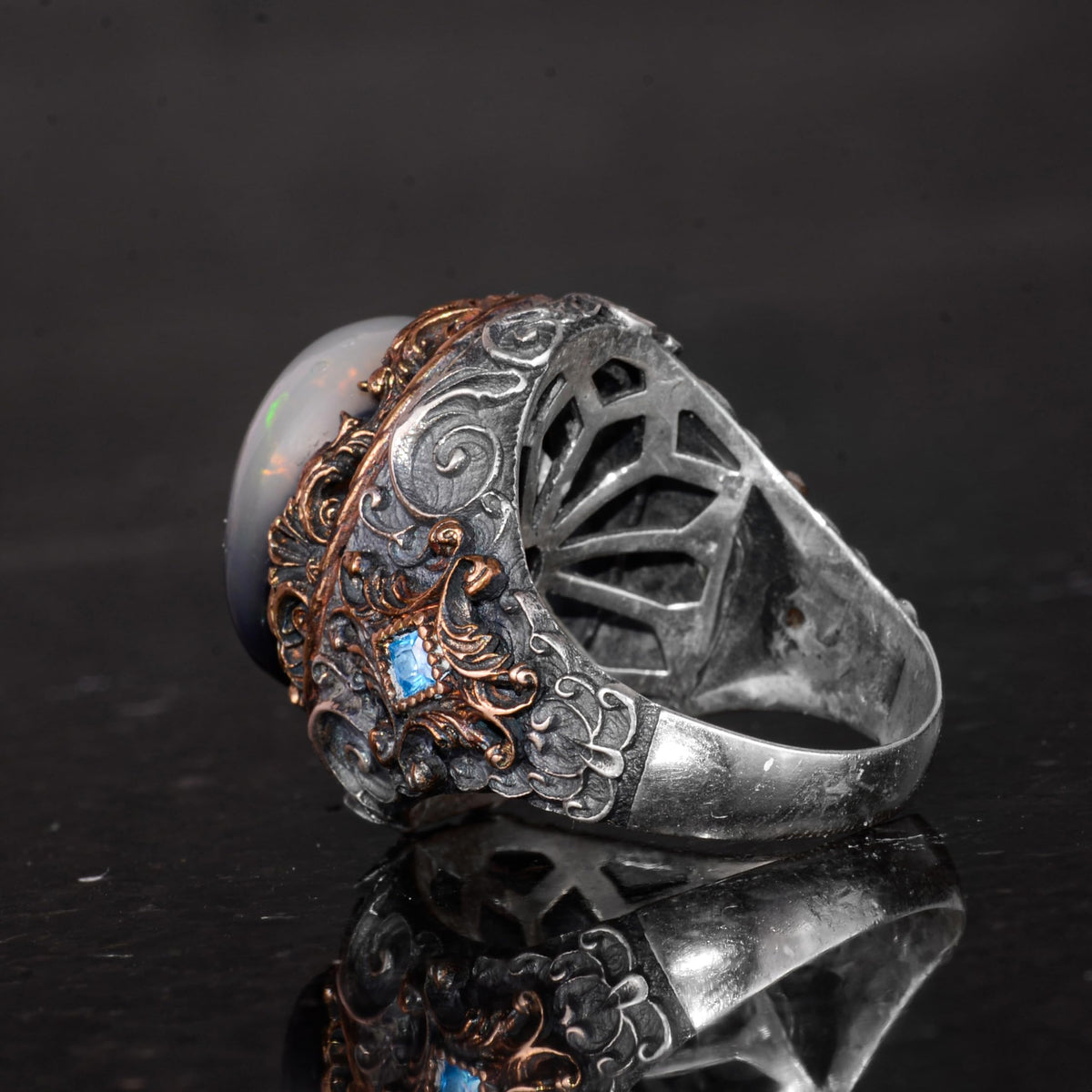 925 Sterling Silver Men's Ring - Genuine Oval Opal Stone - Patterned — 7