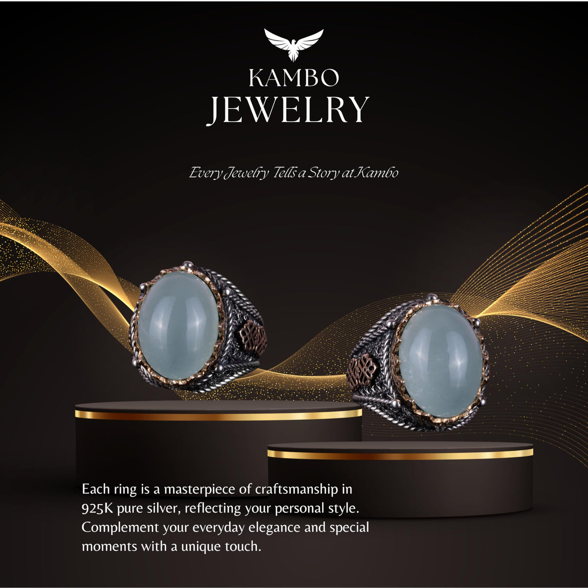 Natural Cabochon Aquamarine Stone Ring, 925 Sterling Silver Men's Ring — 7