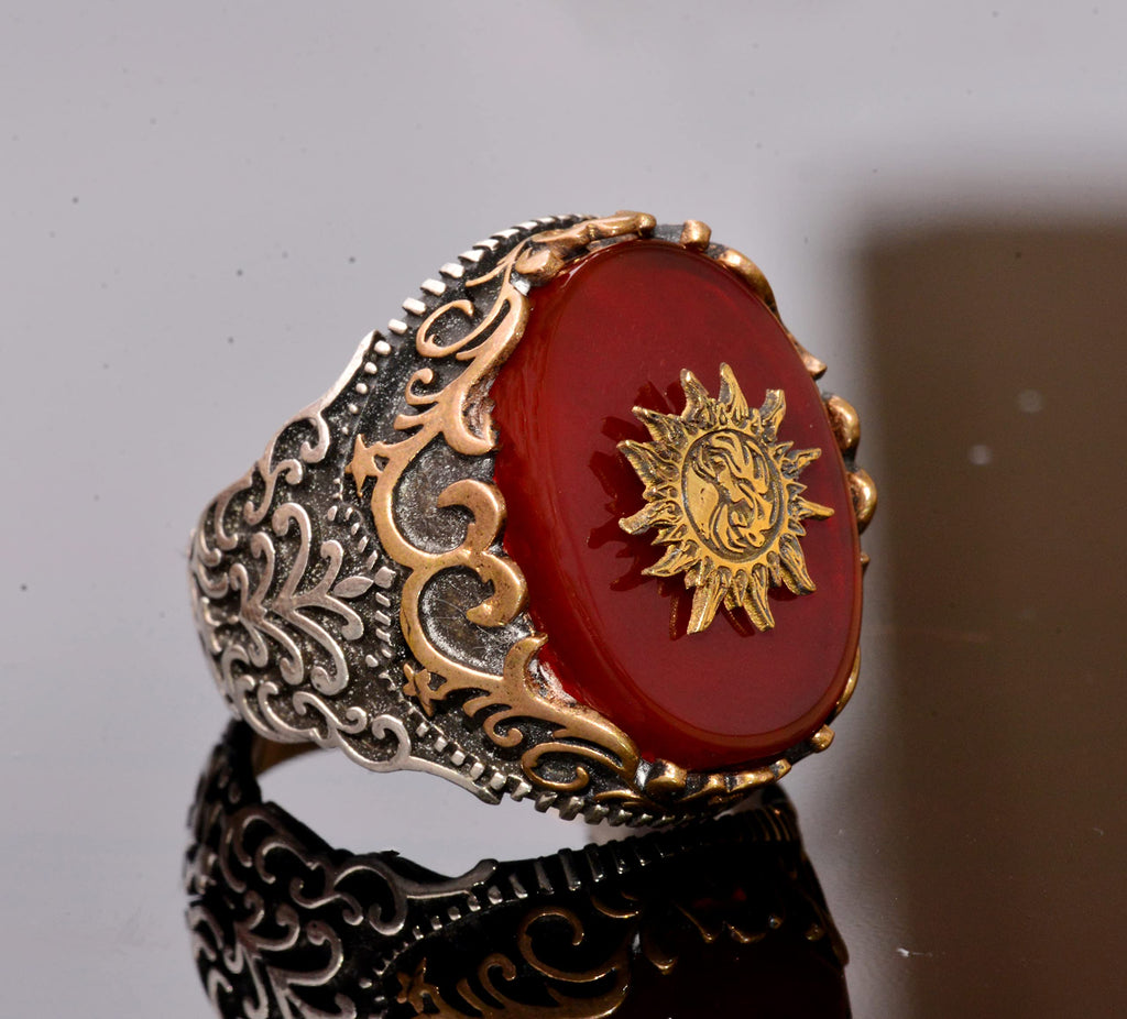 Natural Red Agate Stone Men's Seal Ring - 925 Sterling Silver (Sun) — 4