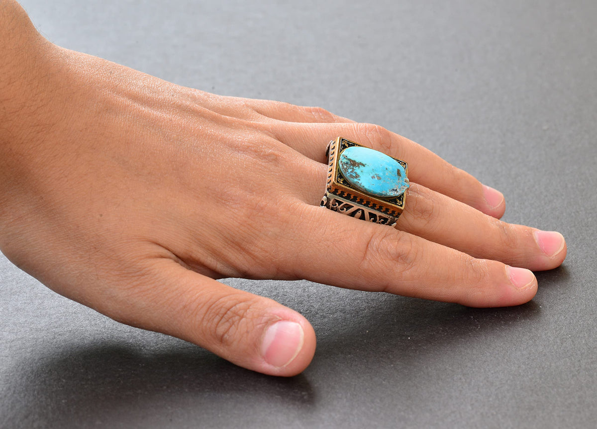 Natural Arizona Turquoise Stone Men's Ring - Silver — 6
