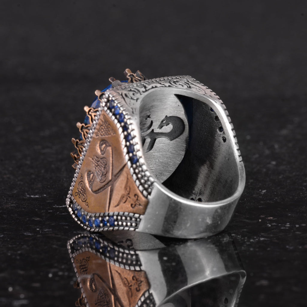 925 Sterling Silver Islamic Ring, Synthetic Stone Ring, Handmade Calligraphy Ring (Synthetic Blue Topaz) — 7