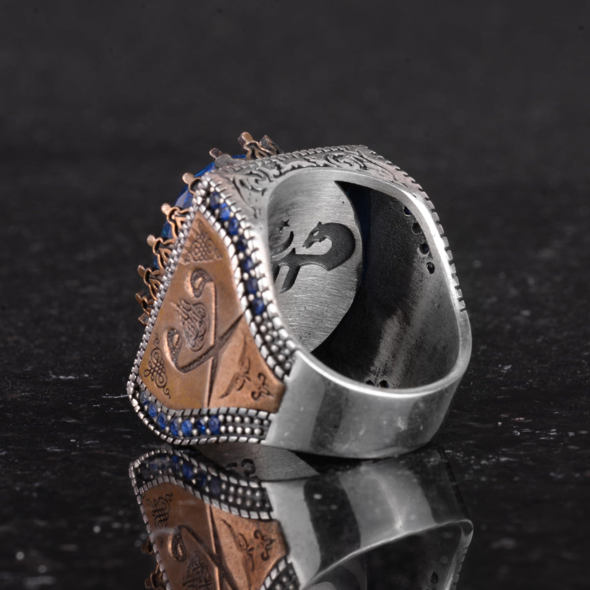925 Sterling Silver Islamic Ring, Synthetic Stone Ring, Handmade Calligraphy Ring (Synthetic Blue Topaz) — 7