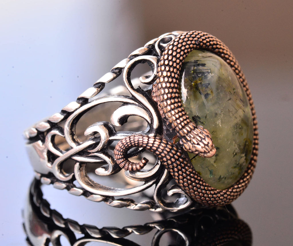 925 Sterling Silver Men's Ring - Natural Prehnite Stone — 4
