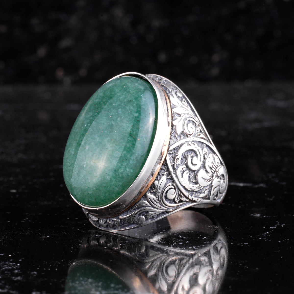 KAMBO Natural Aventurine Stone Large Ring for Men - Oval Green Vintage Engraved Statement Ring - 925 Sterling Silver Handmade Men's Jewelry — 4