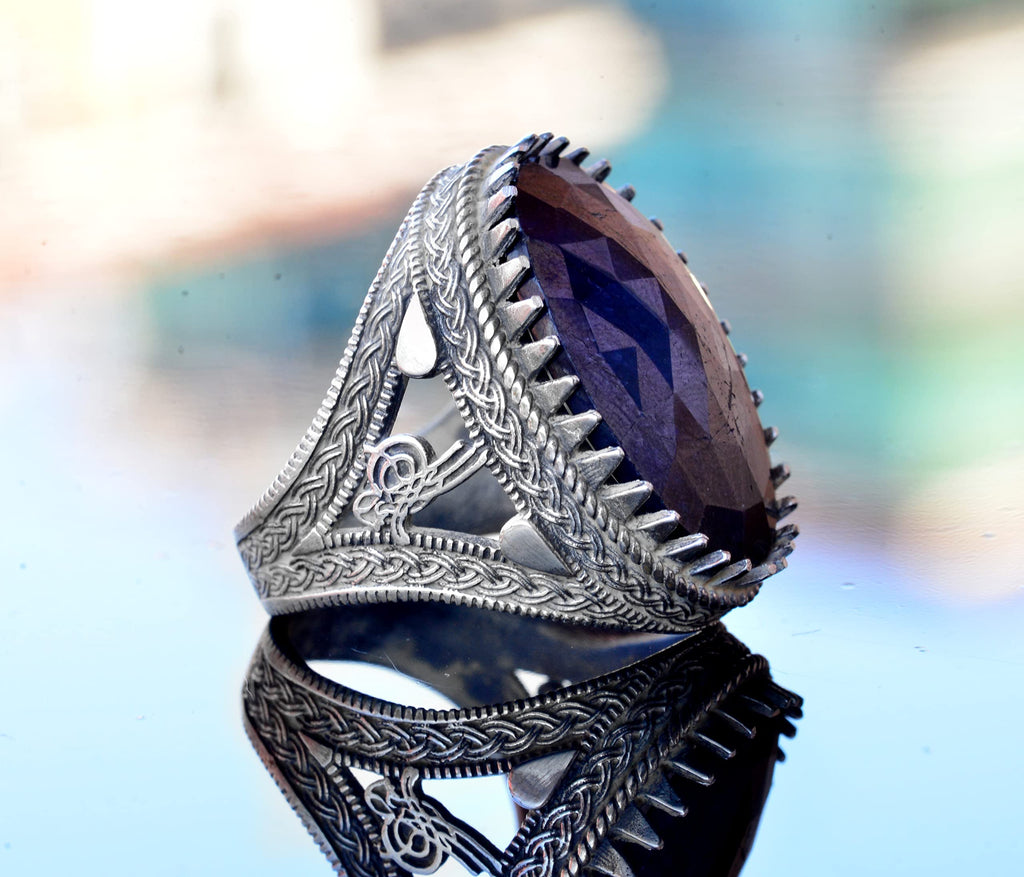 Handmade Natural Stone Ring, 925 Sterling Silver Men's Ring - Showy Design (Blue Sapphire) — 4