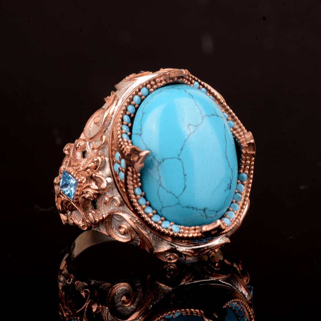 925 Sterling Silver Men's Ring, Artificial Turquoise Stone Ring — 4