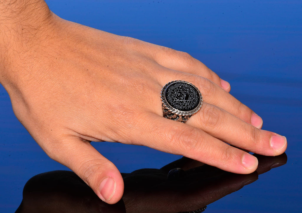 Silver Men's Ring, Natural Black Onyx Stone, Solomon's Seal Ring, Handmade Jewelry — 6
