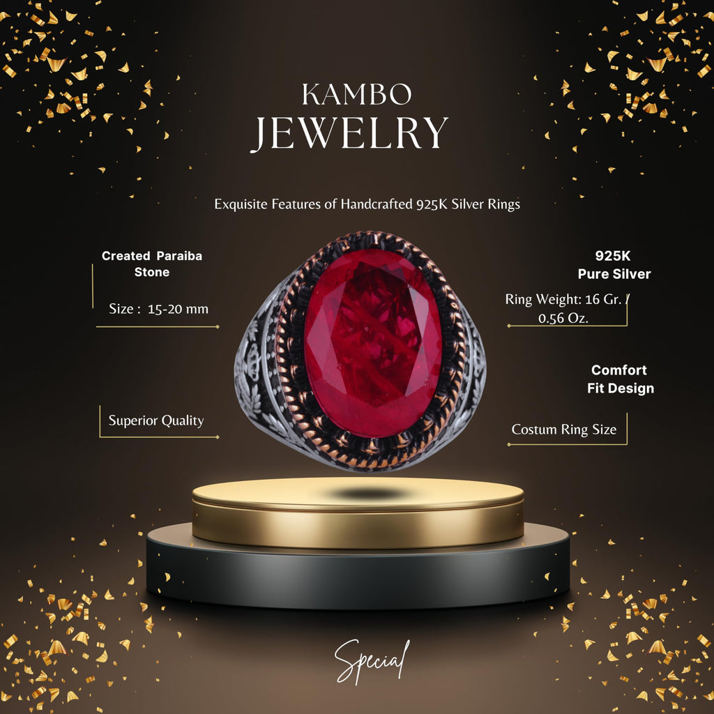Kambo Eagle Symbol 925 Sterling Silver Men's Ring – Synthetic Red Paraiba Stone, Handcrafted — 2