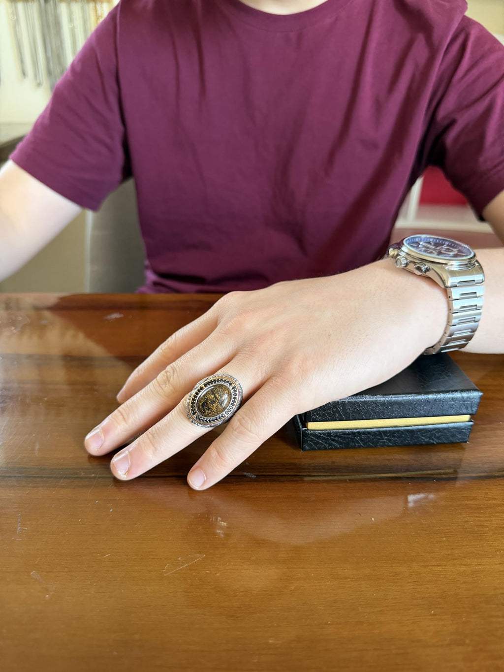 Men's Natural Stone Large Ring – Oval Stone Vintage Byzantine Engraved Statement Ring - Antique Filigree 925 Sterling Silver Jewelry (Bronzite) — 3