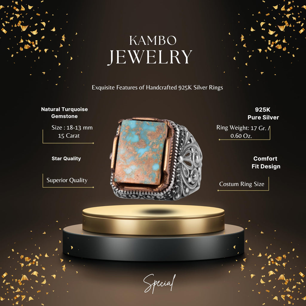 KAMBO Natural Turquoise Men's Ring - 925 Sterling Silver Handmade Square Ring - Showy Artisan Jewelry — 2