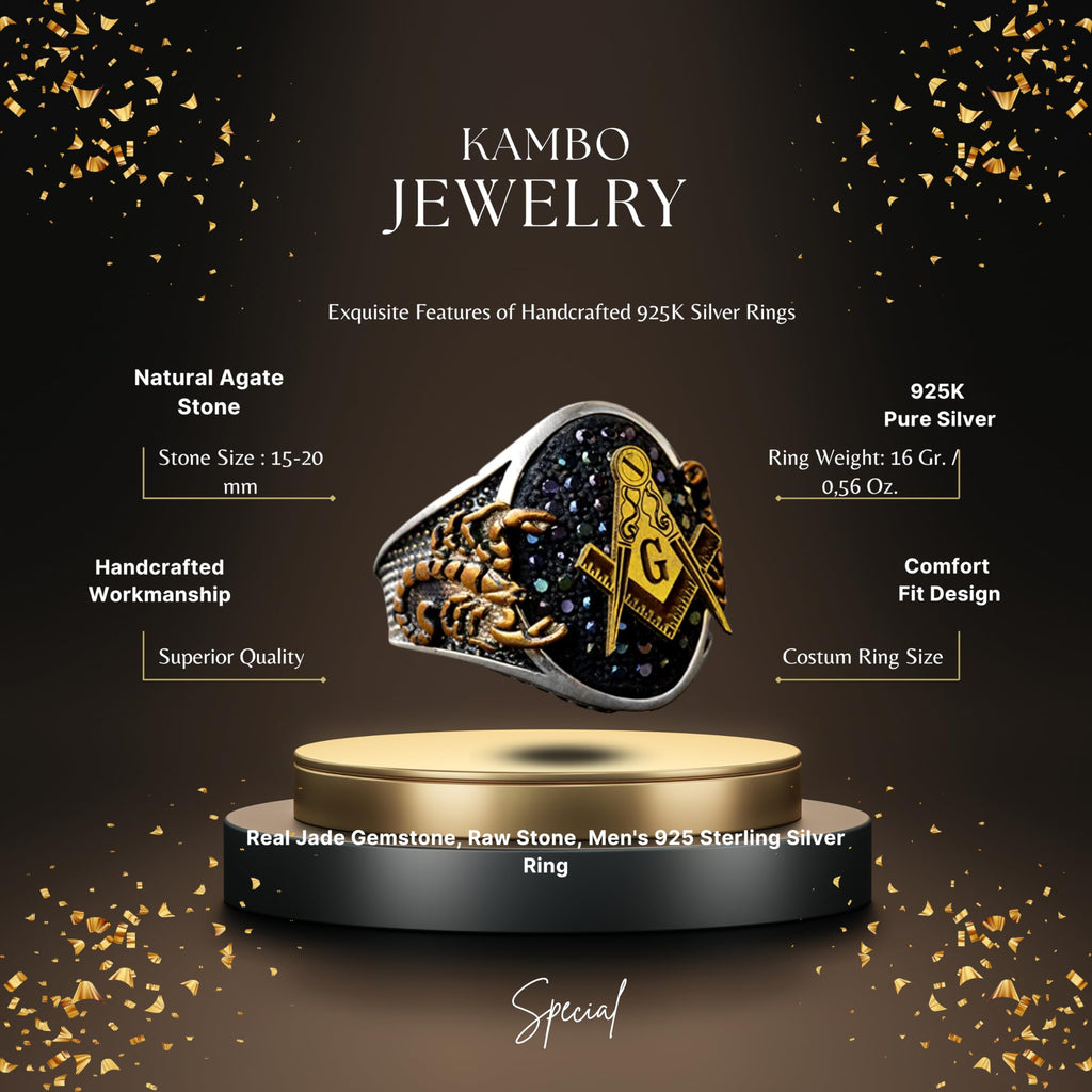 KAMBO Handcrafted 925 Sterling Silver Men's Scorpion Ring with Black Agate Gemstone, Unique Masonic Gold Plated King Sig
