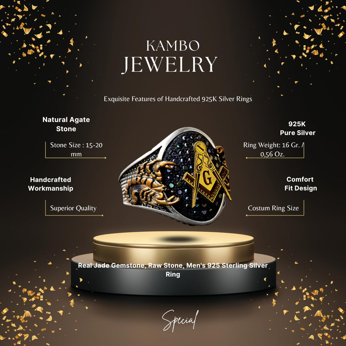 Handmade 925 Sterling Silver Men's Mason Scorpion Ring, Black and White Heart Stone, Gold Plated Mason King Ring Design, Silver Ring — 2