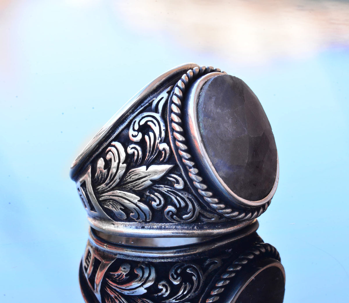 Handmade Natural Sapphire Stone Silver Men's Ring, Lily (Fleur-de-Lis) Design - Symbol of Wisdom and Nobility — 4