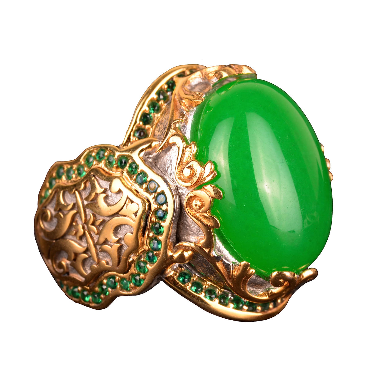 Natural Jade Stone Silver Ring - Gold Plated