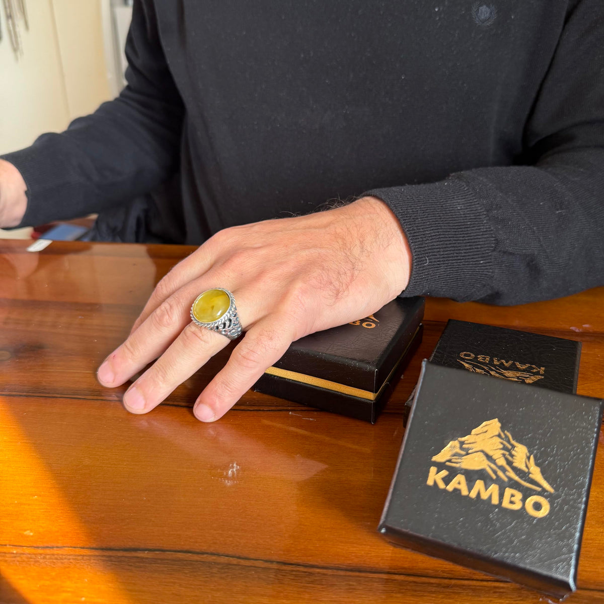 KAMBO Natural Amber Stone Men's Ring – 925 Sterling Silver Handmade Round Ring – Vintage Jewelry for Men (Amber -3) — 3