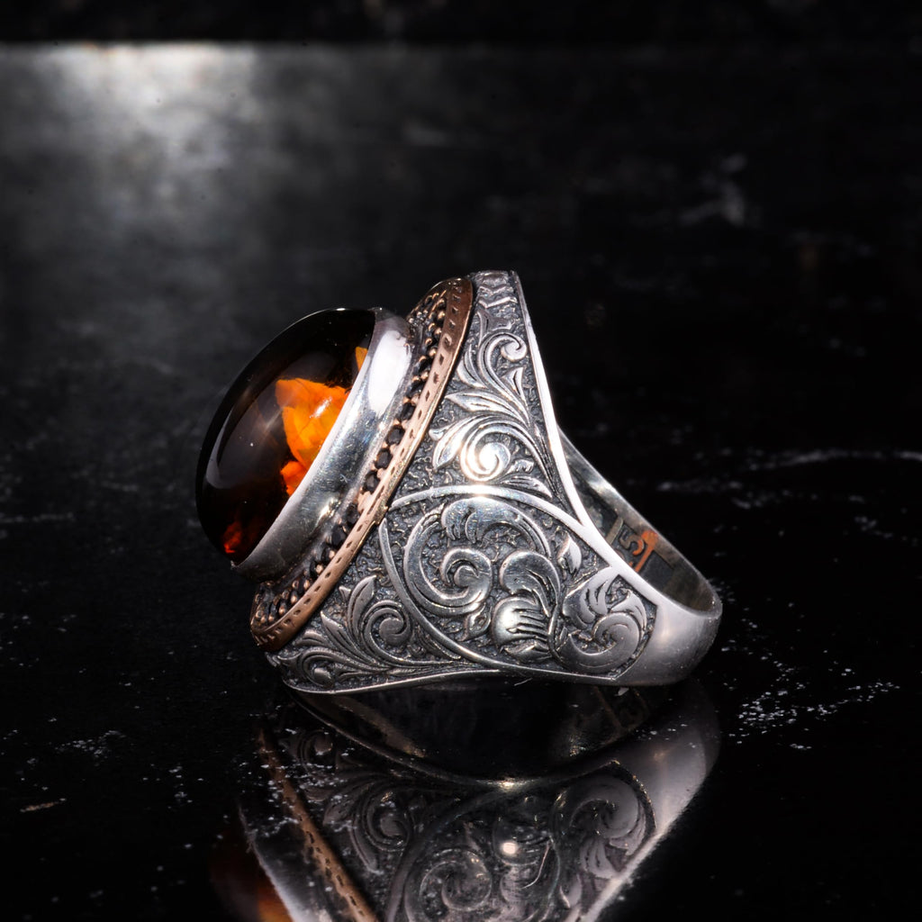 Men's Natural Stone Large Ring – Oval Stone Vintage Byzantine Engraved Statement Ring – Antique Filigree 925 Sterling Silver Jewelry (Protected Rose Motif Amber) — 6