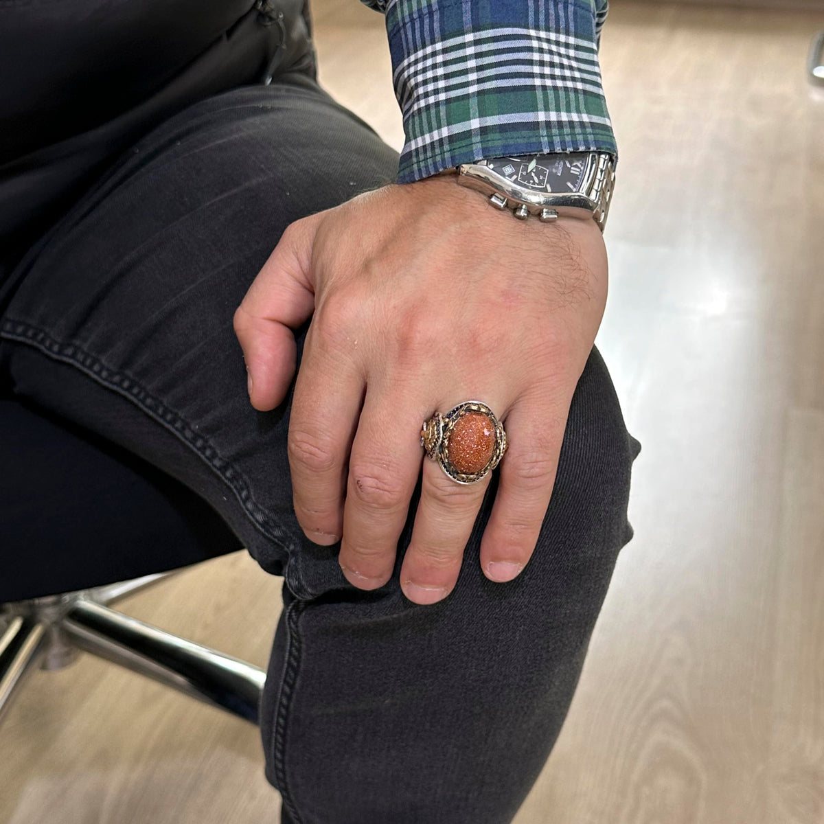Brown Synthetic Sunstone Ring, 925 Sterling Silver Men's Ring, Lion Symbol Ring, Stylish Silver Men's Ring — 3