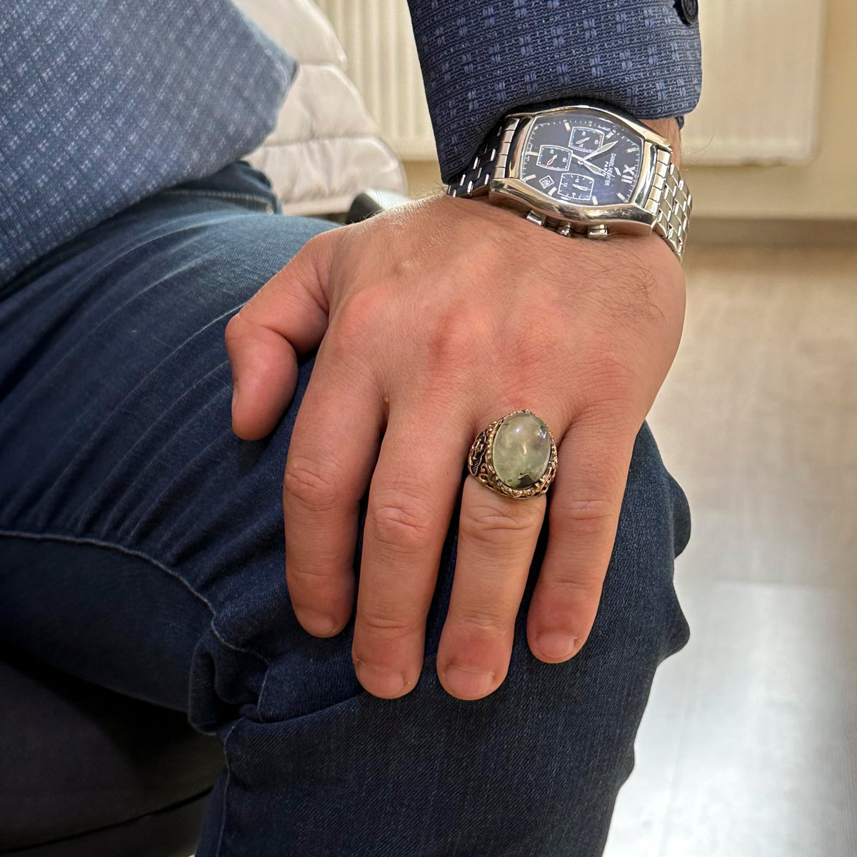 Handcrafted Prehnite Jade Ring - Sailboat Anchor 925 Sterling Silver Men's Ring — 2