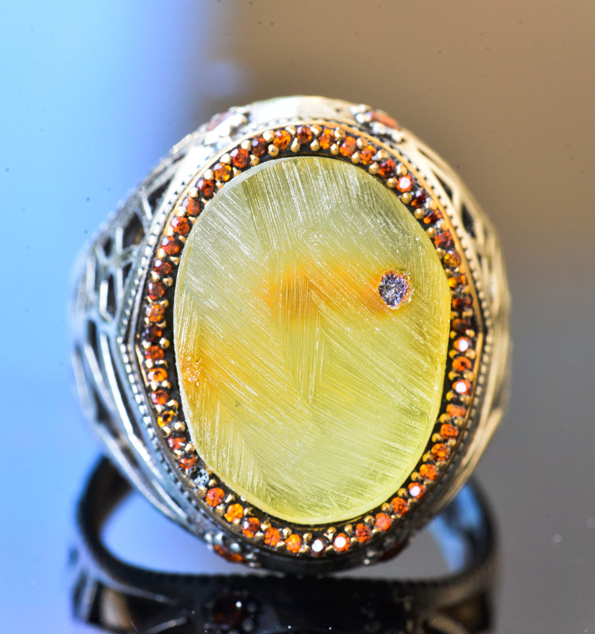 Natural Amber Stone Ring - 925 Sterling Silver Men's Ring — 5