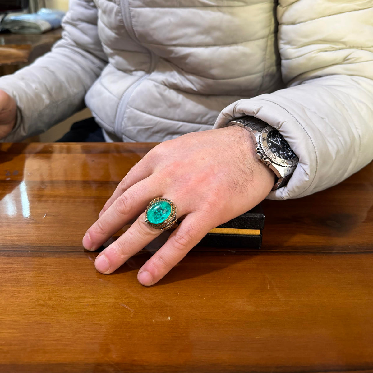 KAMBO Created Paraiba Stone Men's Ring – Oval Cabochon Green Stone – 925 Sterling Silver Handmade Statement Ring — 3