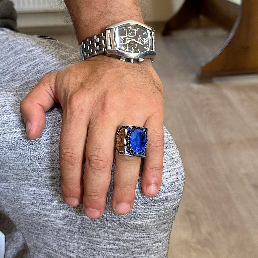 925 Sterling Silver Islamic Ring, Artificial Stone Ring, Handcrafted Calligraphy Ring (Dark Blue Paraiba) — 3