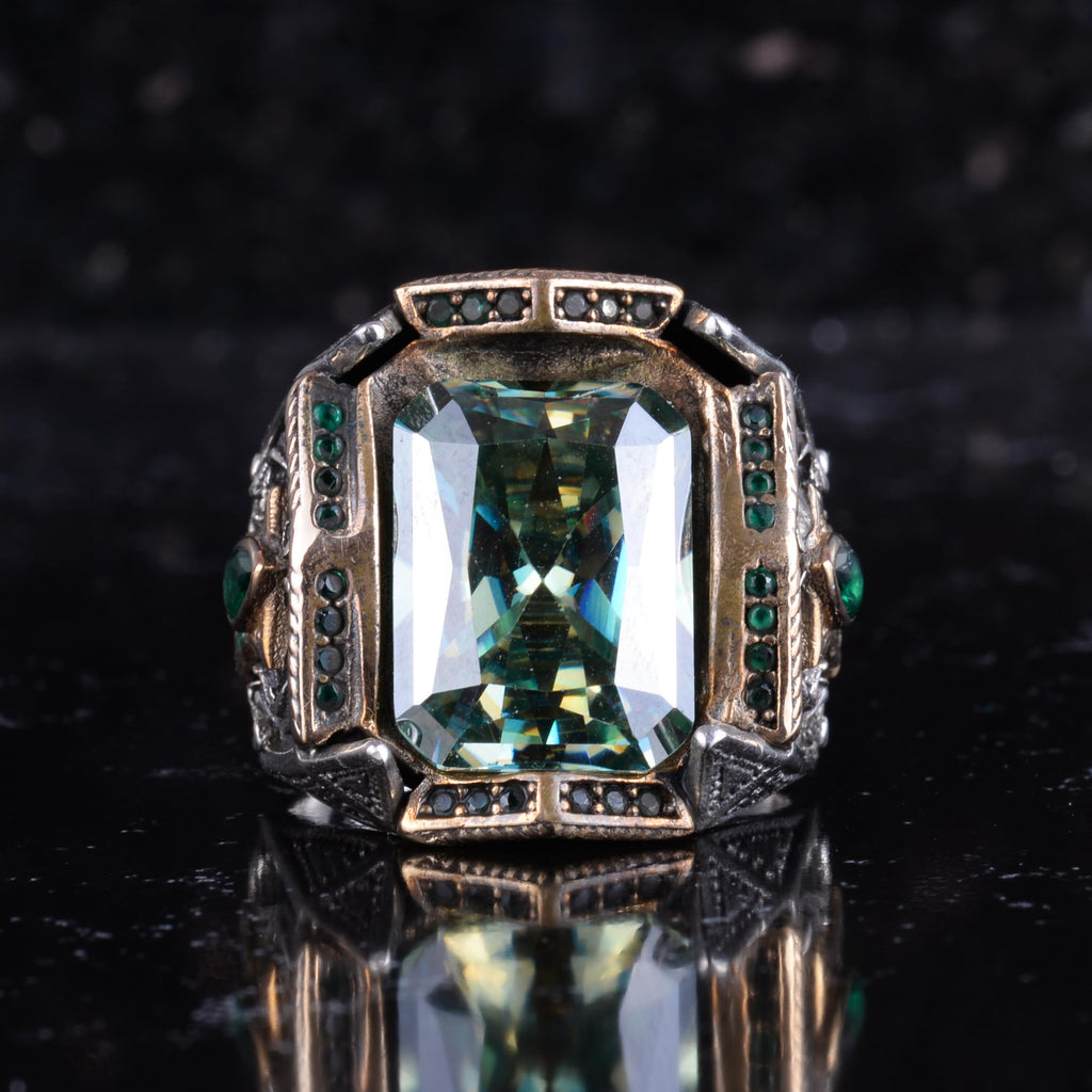 KAMBO Natural Moissanite Stone Men's Ring 925 Sterling Silver Bronze Frame Green Stone Details Handmade Statement Ring — 4